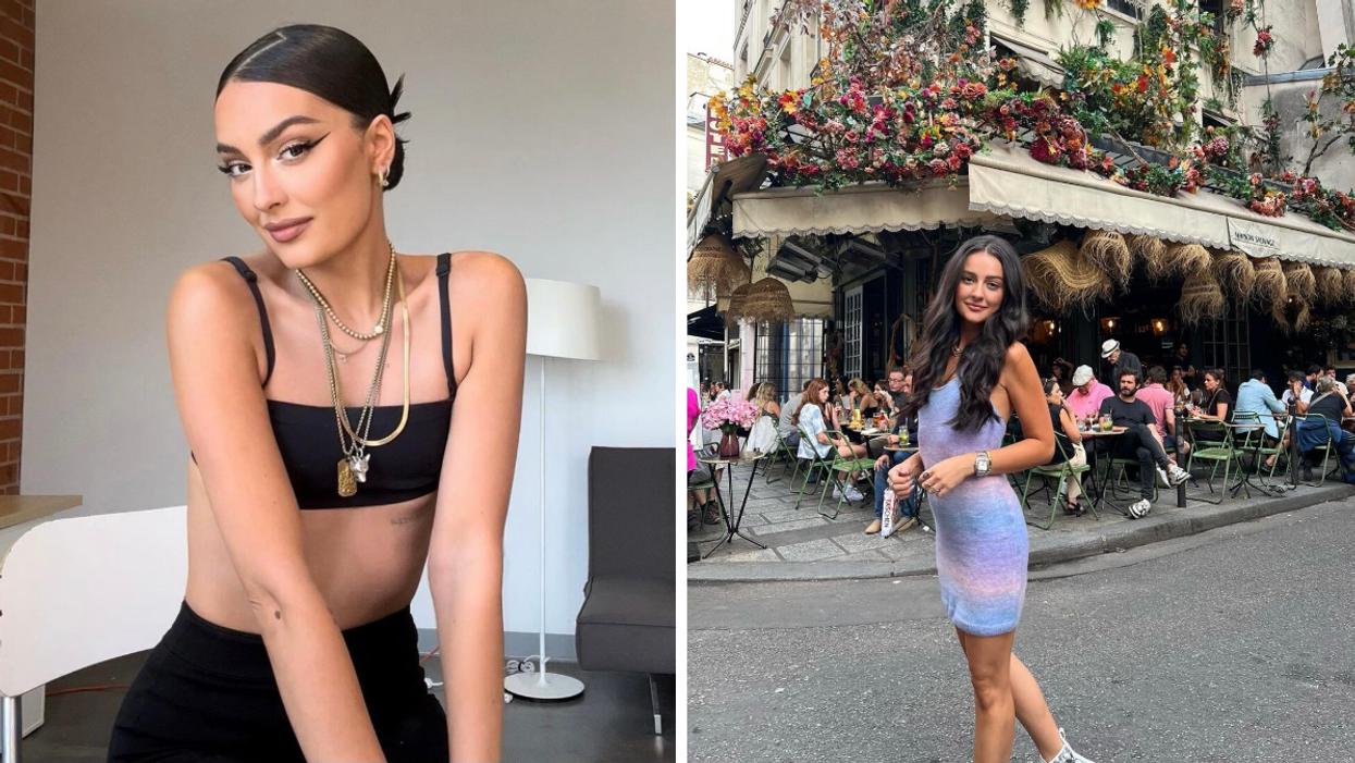 Victoria Zito in a black top and pants. Right: Zito in Paris wearing a purple dress.