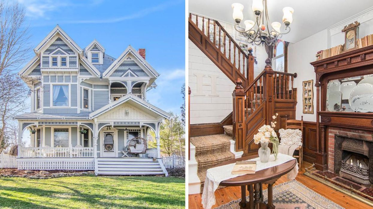 Victorian home for sale with blue exterior. Right: Room with fireplace and stairway.