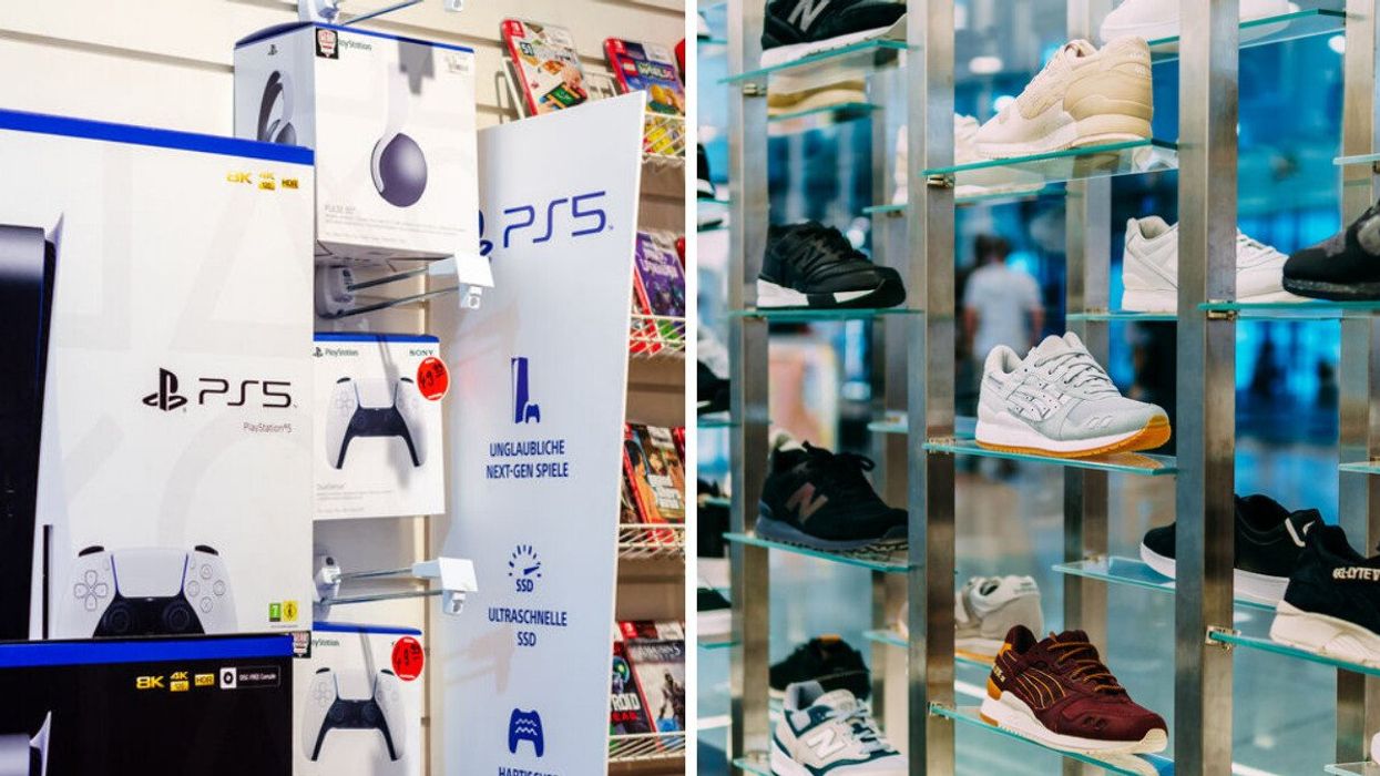 Video game consoles, controllers and games in a store. Right: Athletic shoes in a store.