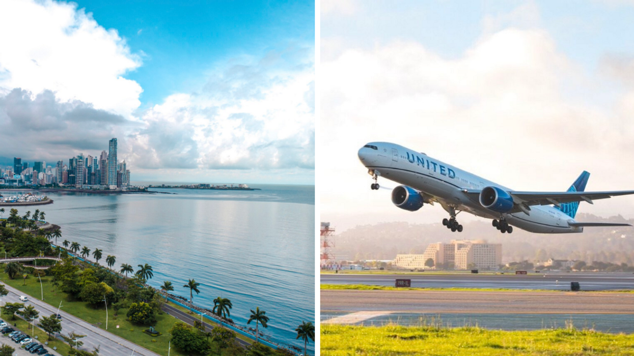 Vie aérienne de la ville de Panama et du bord de l'eau. Droite: Un avion United Airlines en décolage.