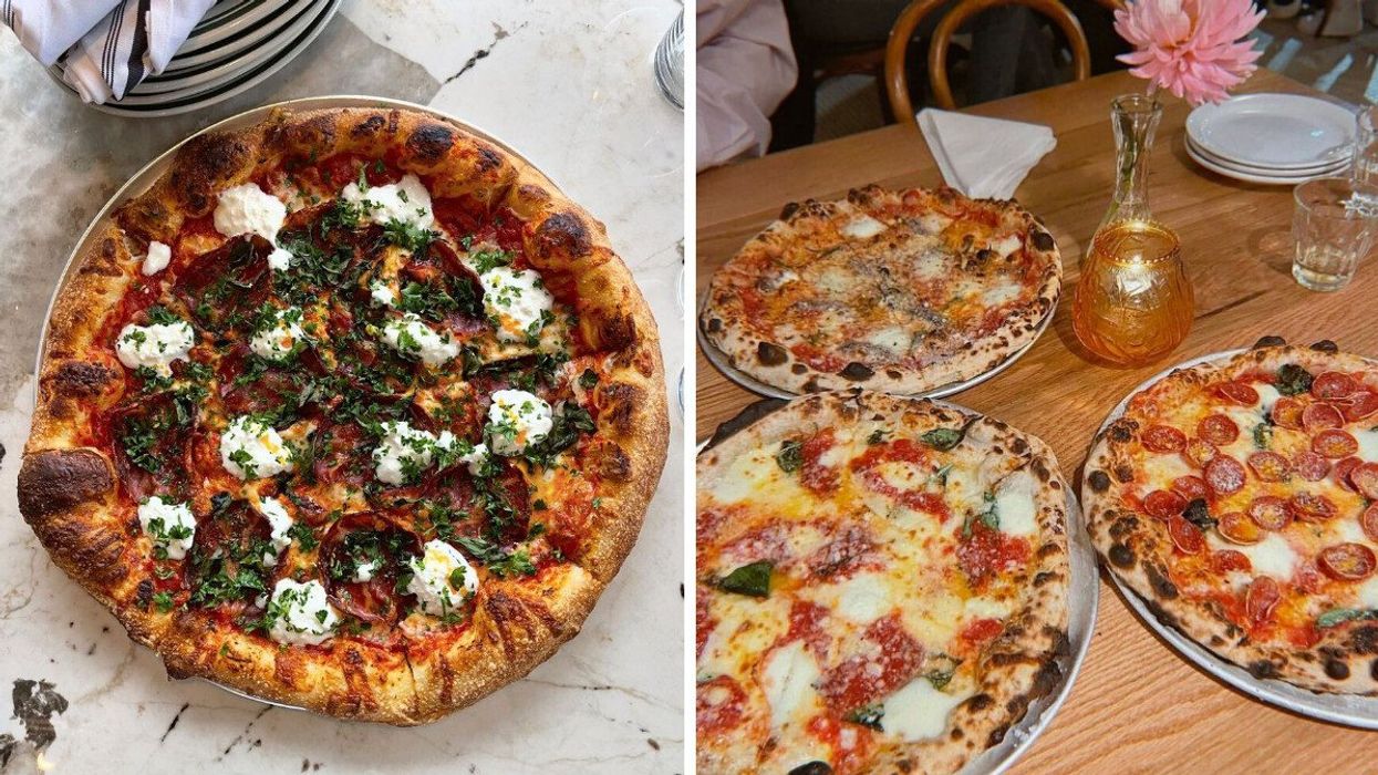 View from above of a pizza. Right: Three pizzas on a table.