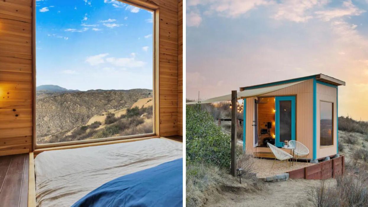 View from the bed at Casa Rosada. Right: Casa Rosado tiny home.