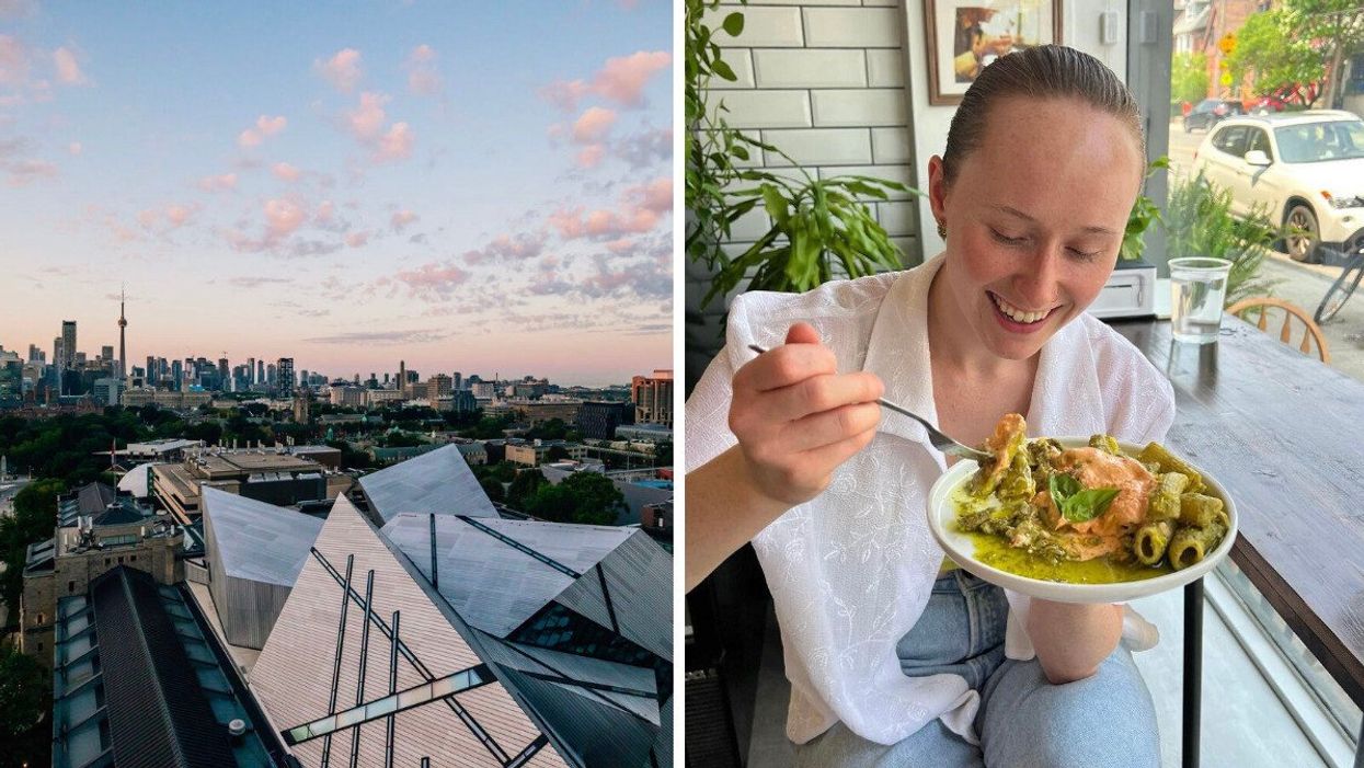 View from the Writers Room Bar in Toronto. Right: A woman eating pasta.