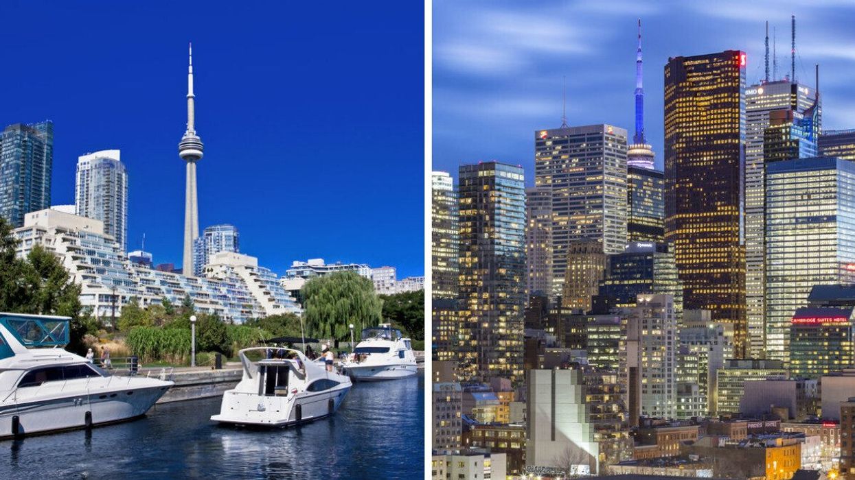 View of boats in the Toronto Waterfront with CN Tower in the background. Right: Rooftops of skyscrapers, the CN Tower and high-rise office buildings in Financial District of Downtown Toronto at night.