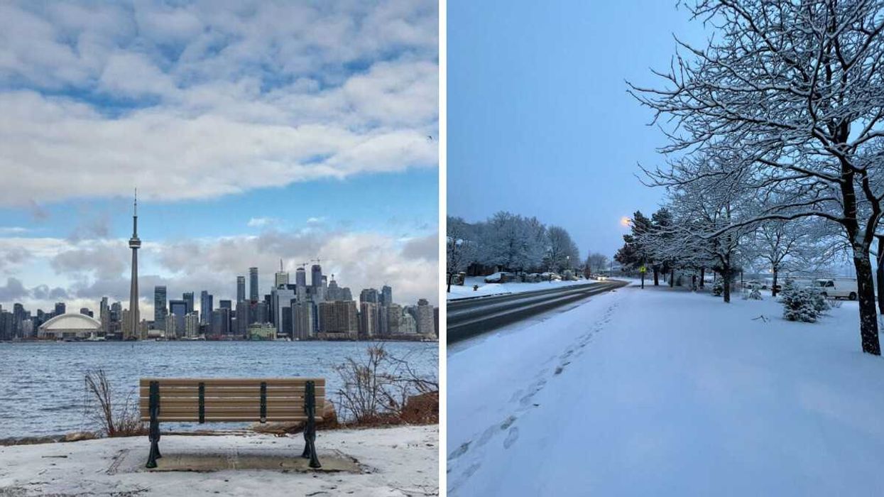 view of city skyline from snow covered toronto island. right: snow covered sidewalk and trees along an ontario road