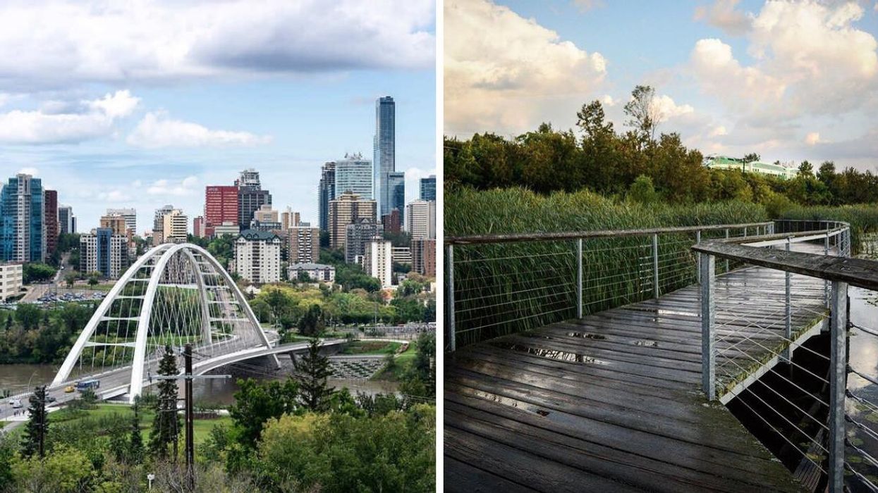 View of Edmonton's high-rise buildings. Right: A wooden bridge in Rouge National Urban Park.