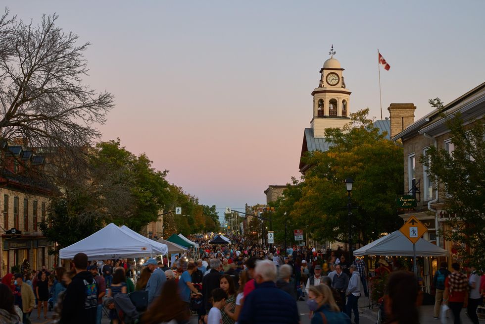 View of European-style night market in an Ontario small town.