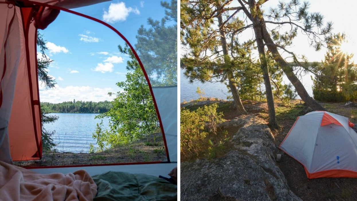 View of lake and trees from a camping tent. Right: Tent set up in Quetico Provincial Park.