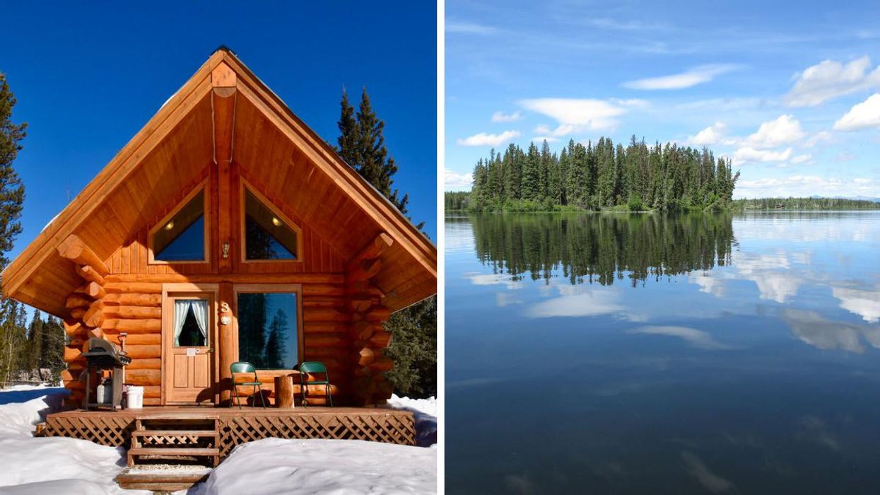 View of resort cabin in the snow. Right: Lake beside the property.