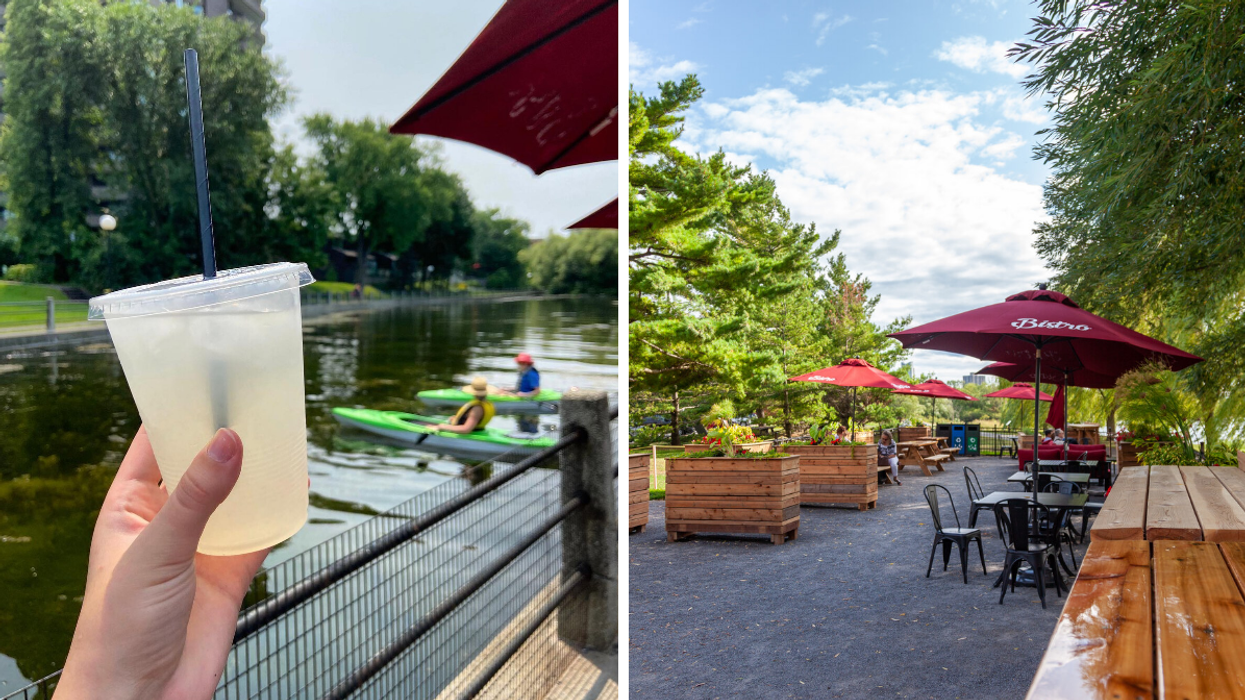 View of Rideau Canal from Patterson Creek patio. Right: NCC Bistro at Remic Rapids Park.