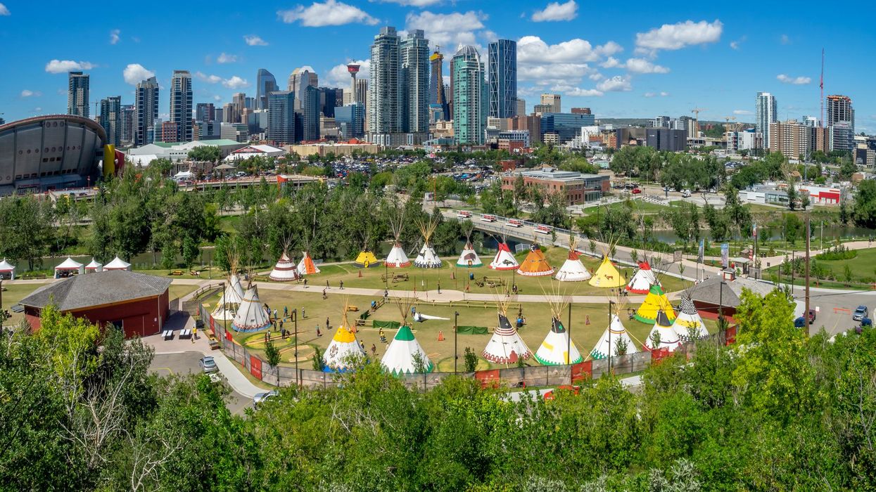 View of the Calgary skyline during the Calgary Stampede events on a sunny day.