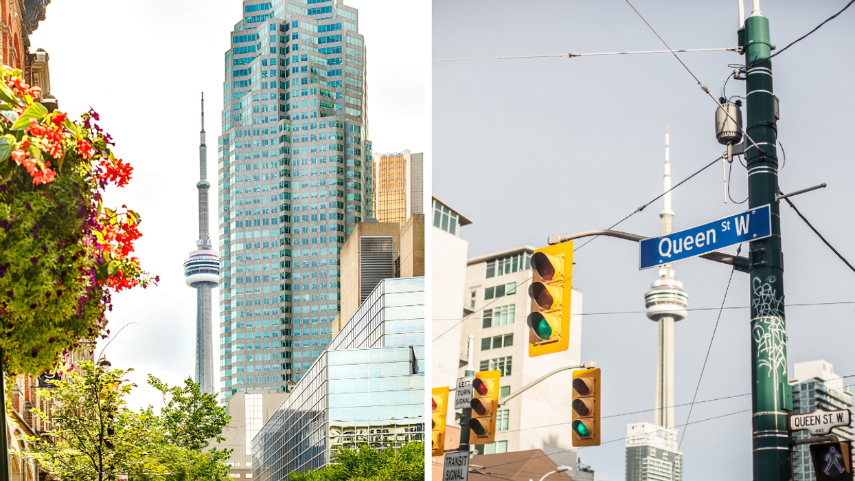 View of the CN Tower framed by flowers and modern skyscrapers in downtown Toronto. Right: Queen Street West traffic light and street sign with the CN Tower in the background, Toronto.