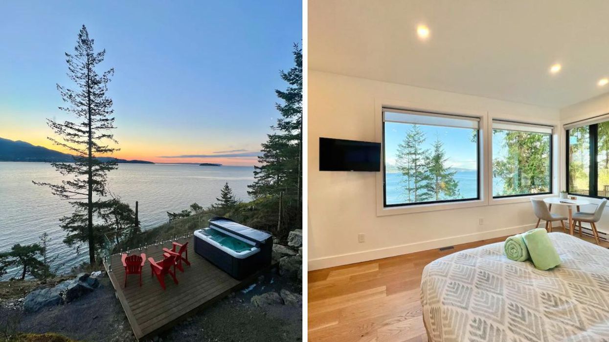 View of the ocean and hot tube from Airbnb. Right: Bedroom of the Airbnb.