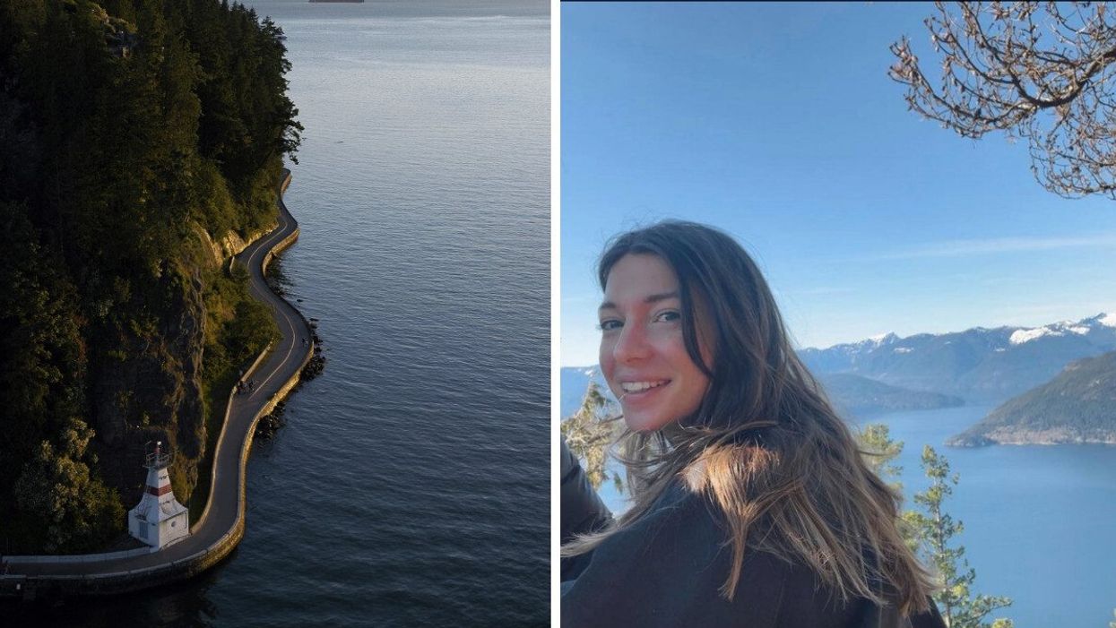 View of the seawall from above with the ocean on one side. Right: Personal with a view of water and oceans behind.