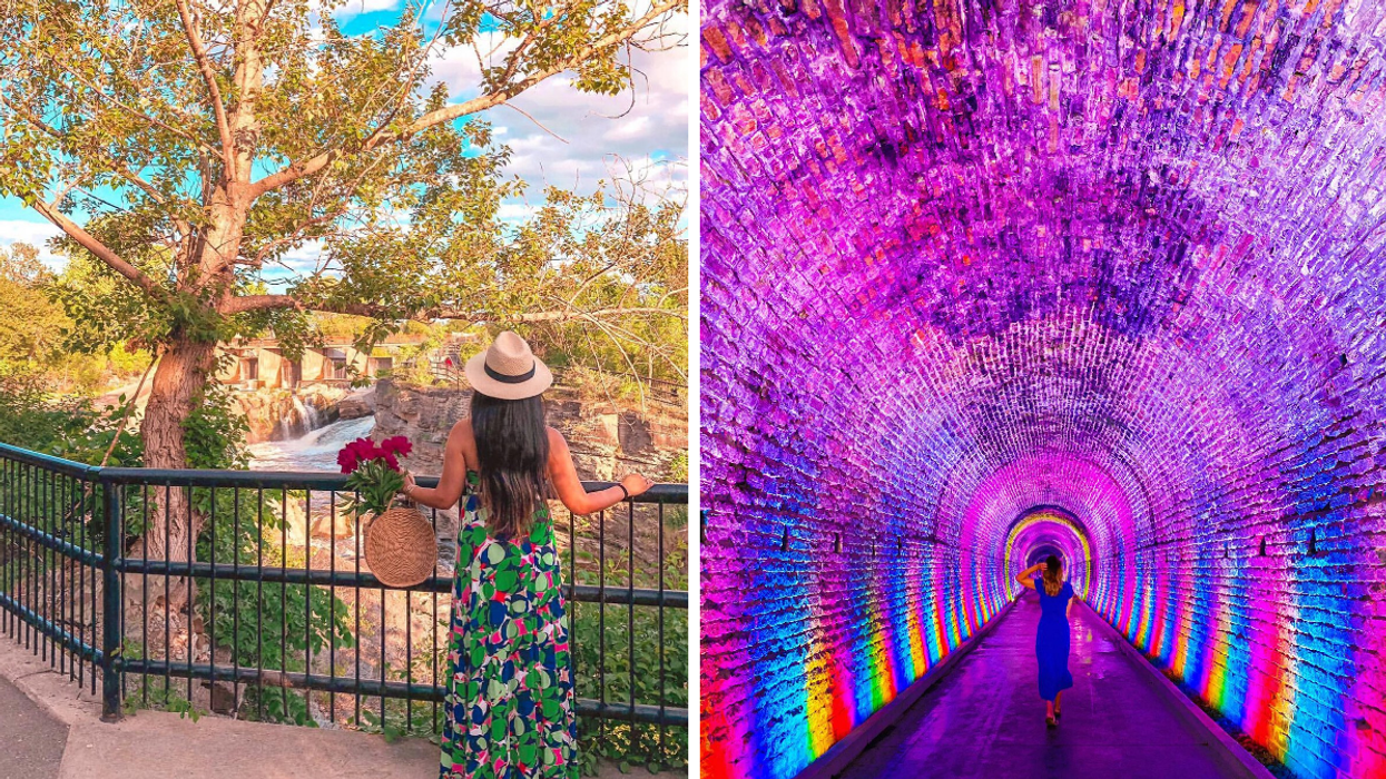 View over Hogs Back Falls in Ottawa. Right: Brockville's colourful railway tunnel.