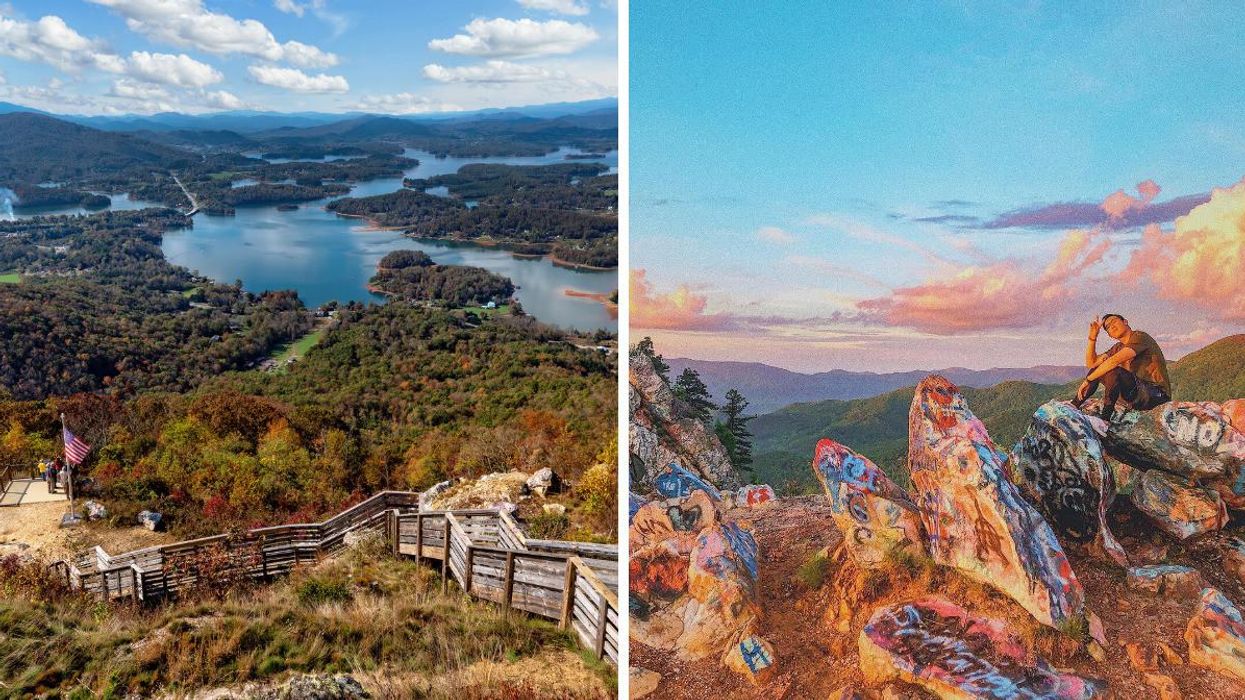 Views from Bell Mountain in Hiawassee, GA. Right: Man posing on the graffiti rocks.