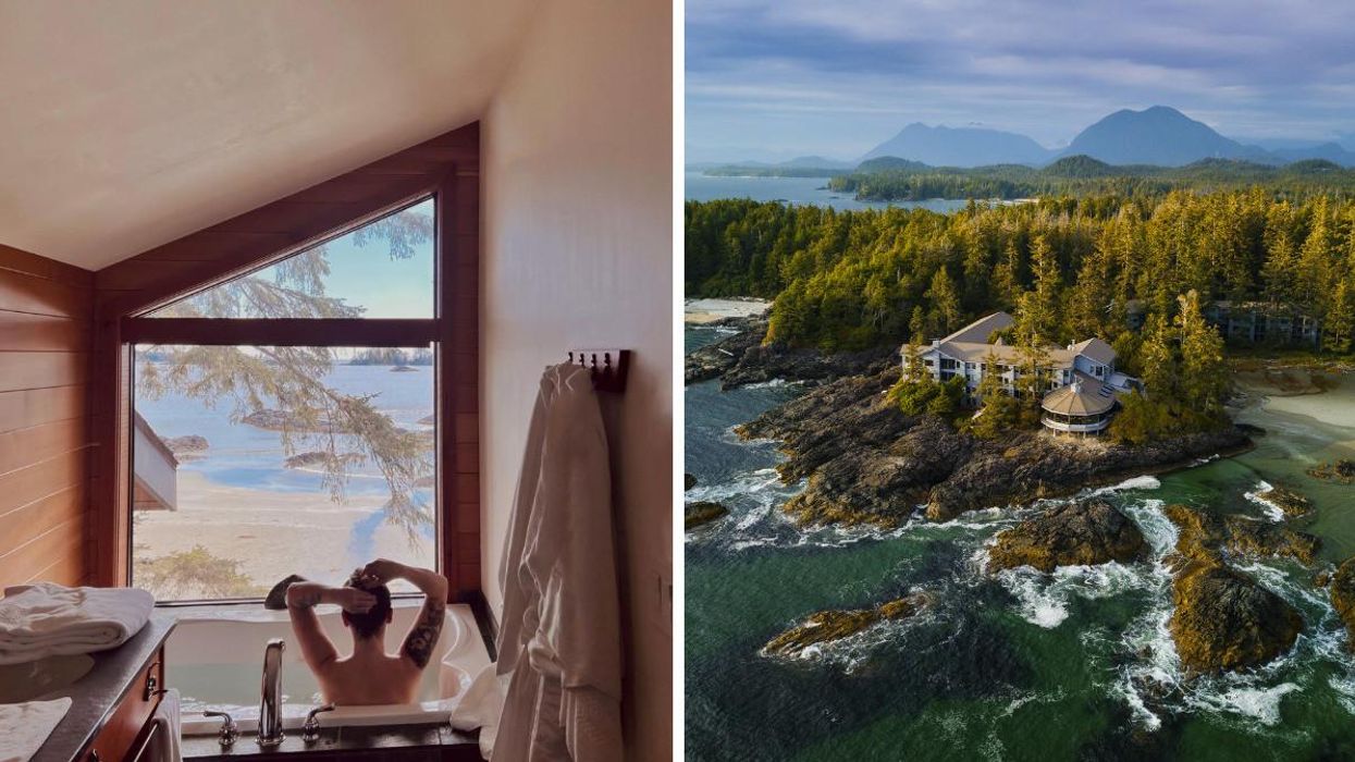 Views from the bathtub in hotel. Right: Views of the hotel from a distance.