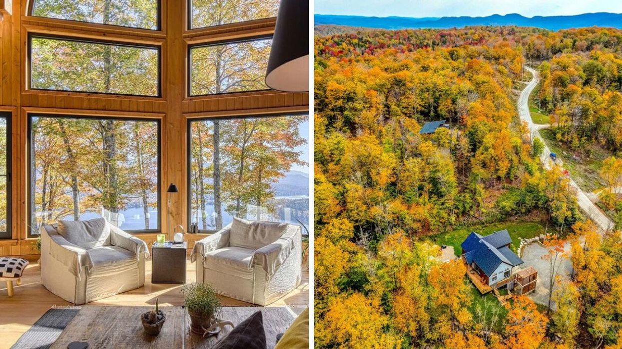 Views of a lake and fall foliage from a house for sale. Right: House for sale surrounded by trees.