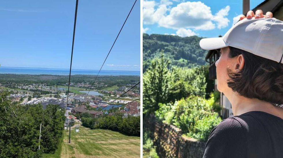 Views over a green valley. Right: Alona wearing a cap and looking at the view.