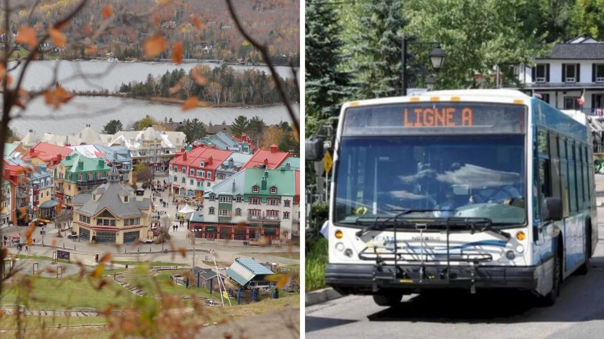 Village de Tremblant. Droite : Autobus de la ville de Mont-Tremblant.
