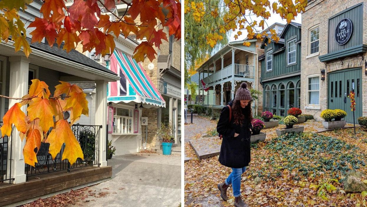 Village shops during October. Right: A person walking down a street.