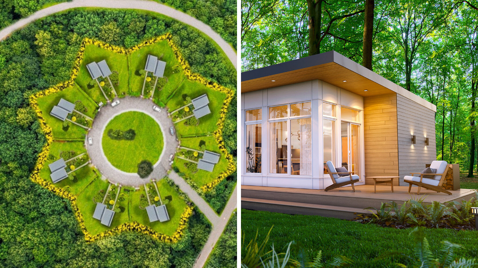 Village solaire. Droite : Logement de type Airbnb.