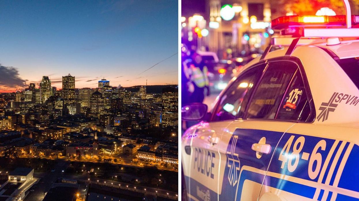 Ville de Montréal en soirée. Droite : Voiture de police à Montréal.