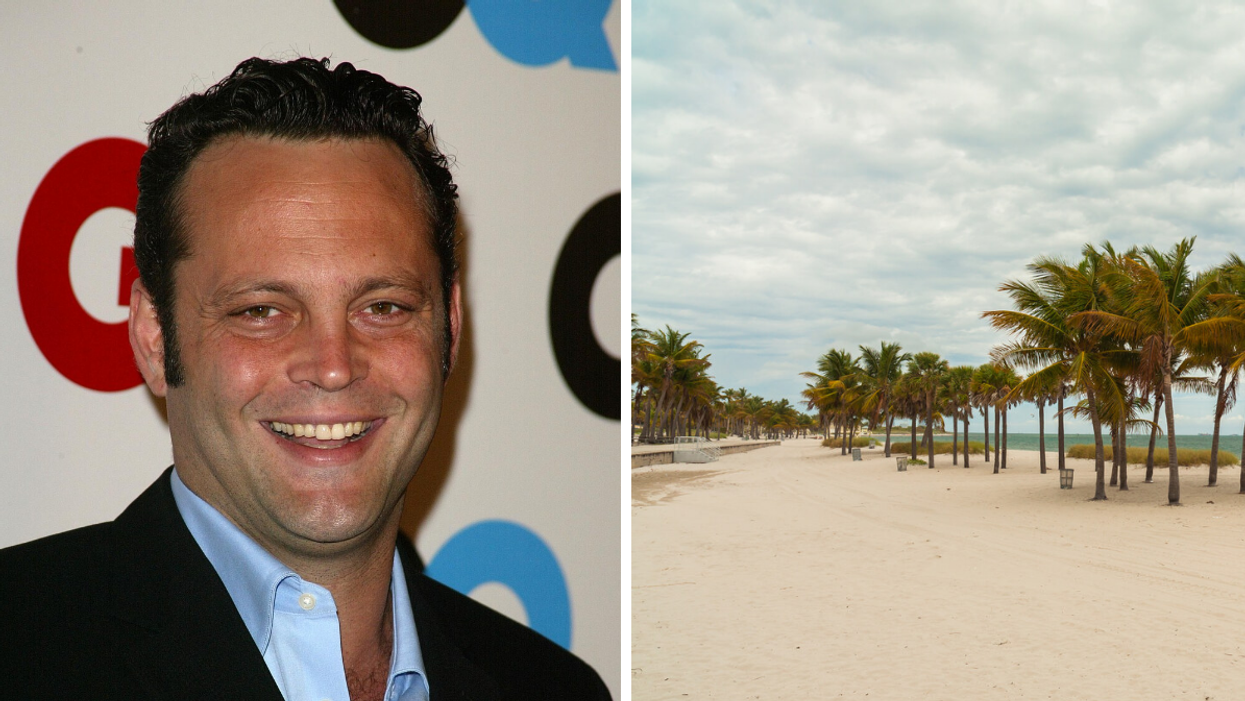 Vince Vaughn smiling. Right: A sand beach with palm trees at Crandon Park in Miami, Florida.