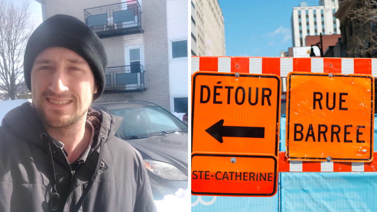 Vincent devant sa voiture et son appartement. Droite : Panneaux de circulation à Montréal.