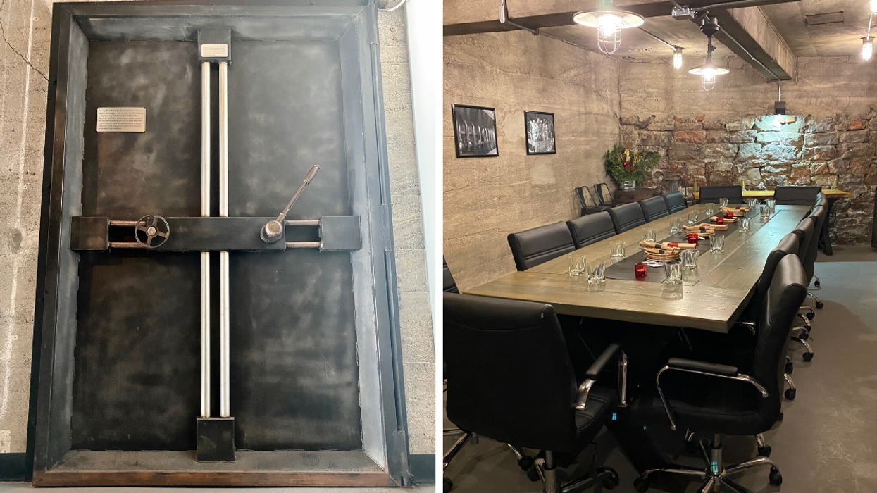 Vintage bank vault door entrance to unique dining room, left; vault restaurant room in Ridge Rock Brewery with long table and concrete walls