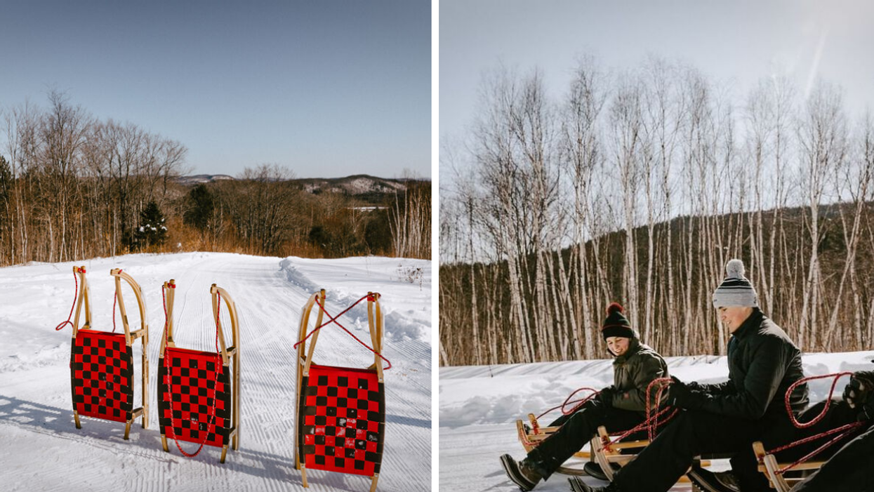Vintage looking sleds sitting on a snowy hill. Right: Three friends going sledding on an Austrian luge.