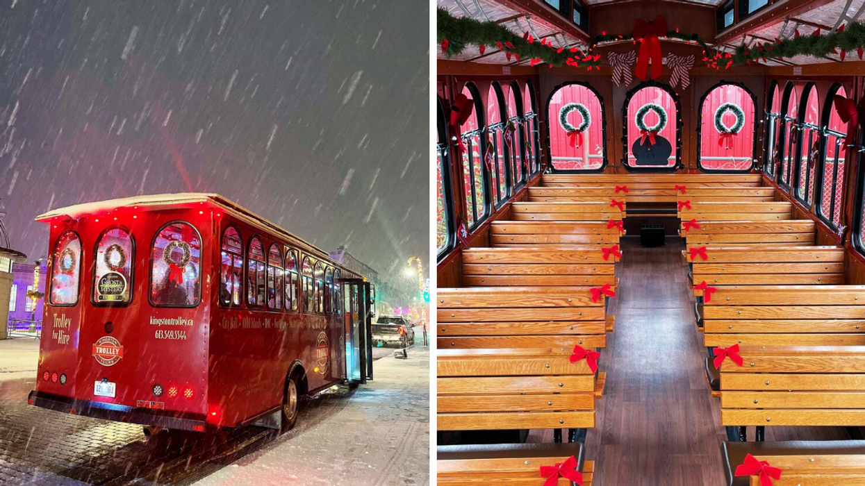 Vintage red trolley during a snow fall. Right: Wooden seats and Christmas decor inside a trolley.