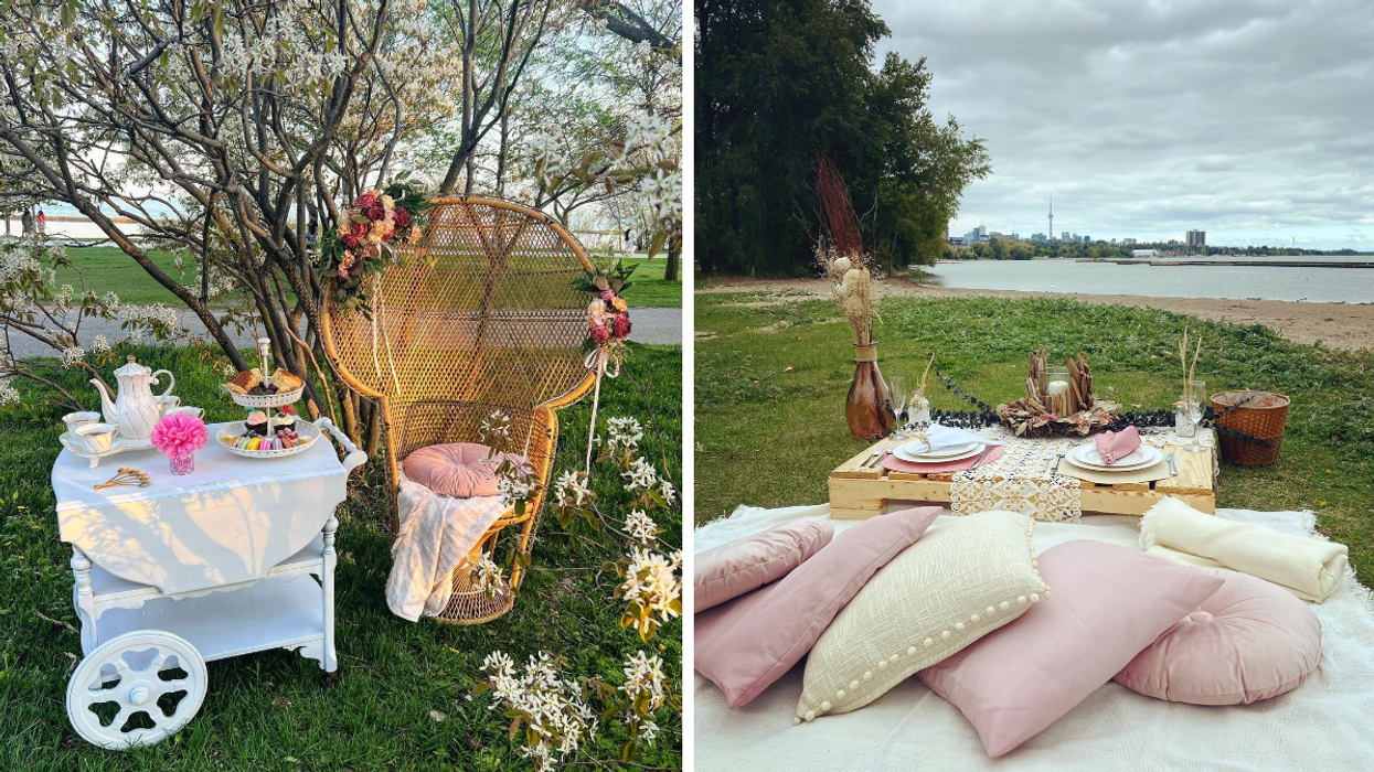 Vintage tea cart set up in Toronto park. Right: Toronto view during a luxury pop up picnic.