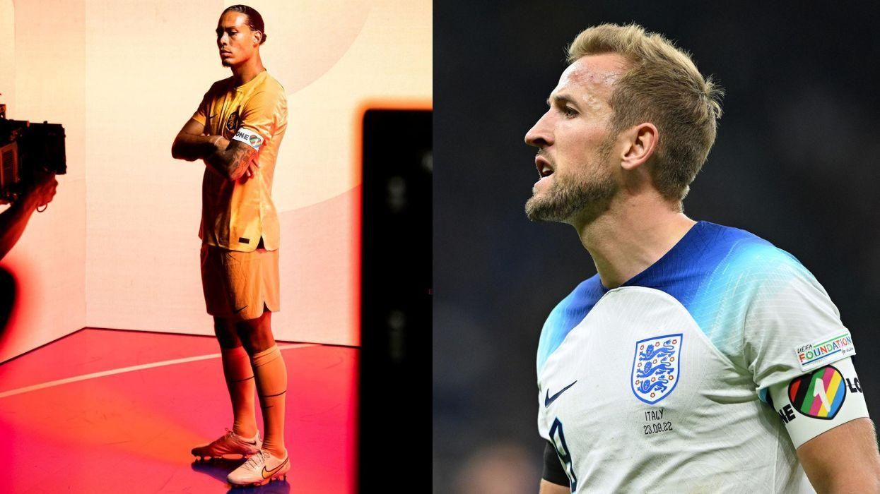 Virgil van Dijk wearing the One Love armband. Right: Harry Kane wearing the One Love armband.