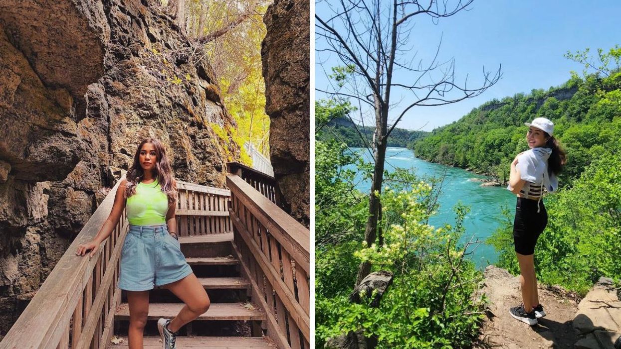 Visitor standing on a boardwalk by cliffs. Right: Visitor looking over a gorge.