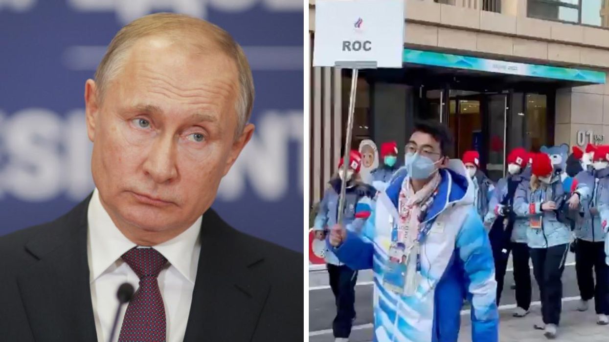 Vladimir Putin at a press conference; Russian Olympic Committee athletes going to 2022 Beijing Winter Olympics closing ceremonies.