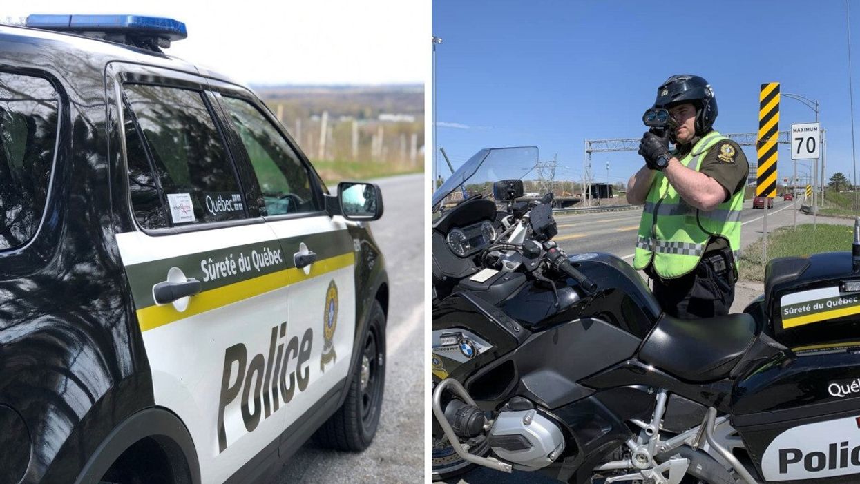 Voiture de la Sûreté du Québec. Droite : Policier de la Sûreté du Québec.