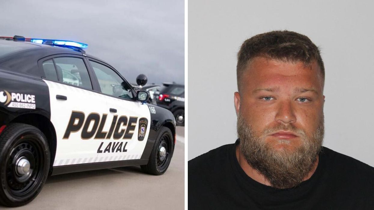 Voiture du Service de police de Laval. Droite : Suspect arrêté à Laval.
