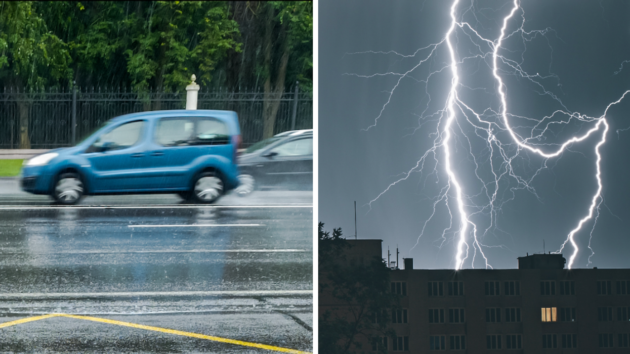 Voiture roulant dans la pluie. Droite : Un éclair pendant un orage.