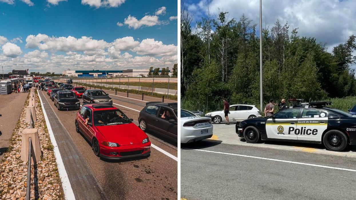 Voitures stationnées au ICAR à Mirabel. Droite : Opération policière de la Sûreté du Québec.