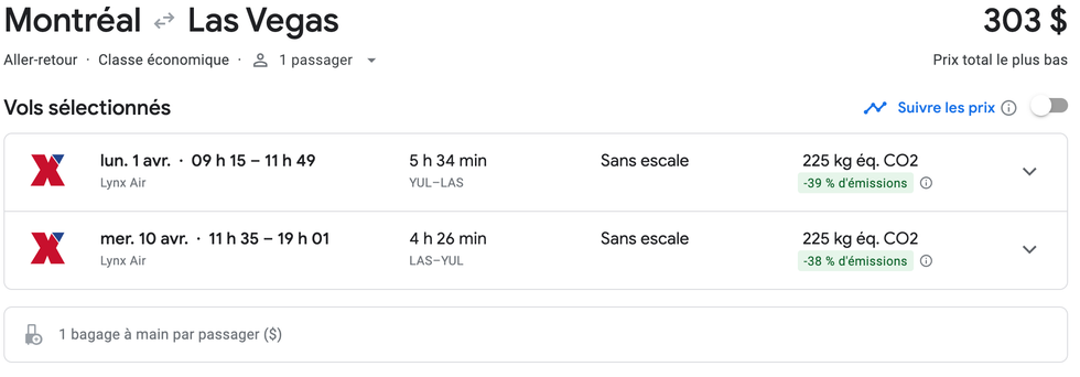 Vol de Montr\u00e9al vers Las Vegas sur le site de Google flights.