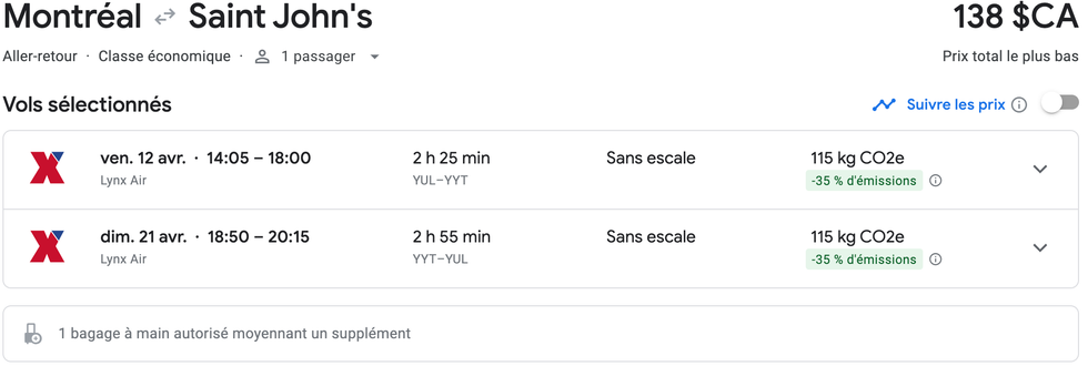 Vol de Montr\u00e9al vers Saint John's sur le site de Google flights.
