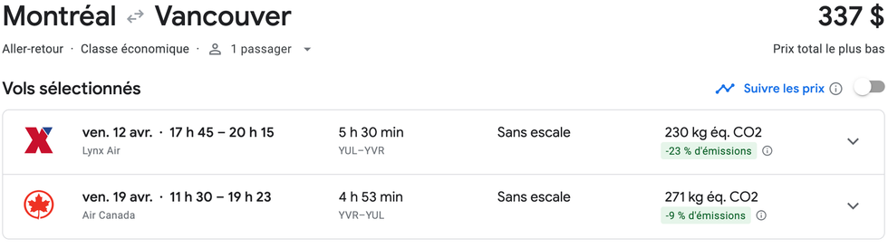 Vol de Montr\u00e9al vers Vancouver sur le site de Google flights.