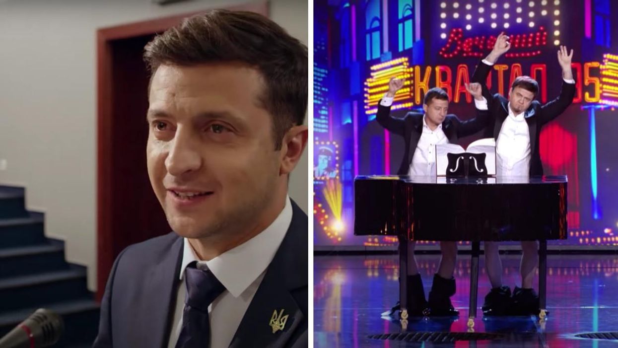 Volodymyr Zelenskyy acting in 'Servant Of The People.' Right: Zelenskyy pretending to play the piano with his Junk