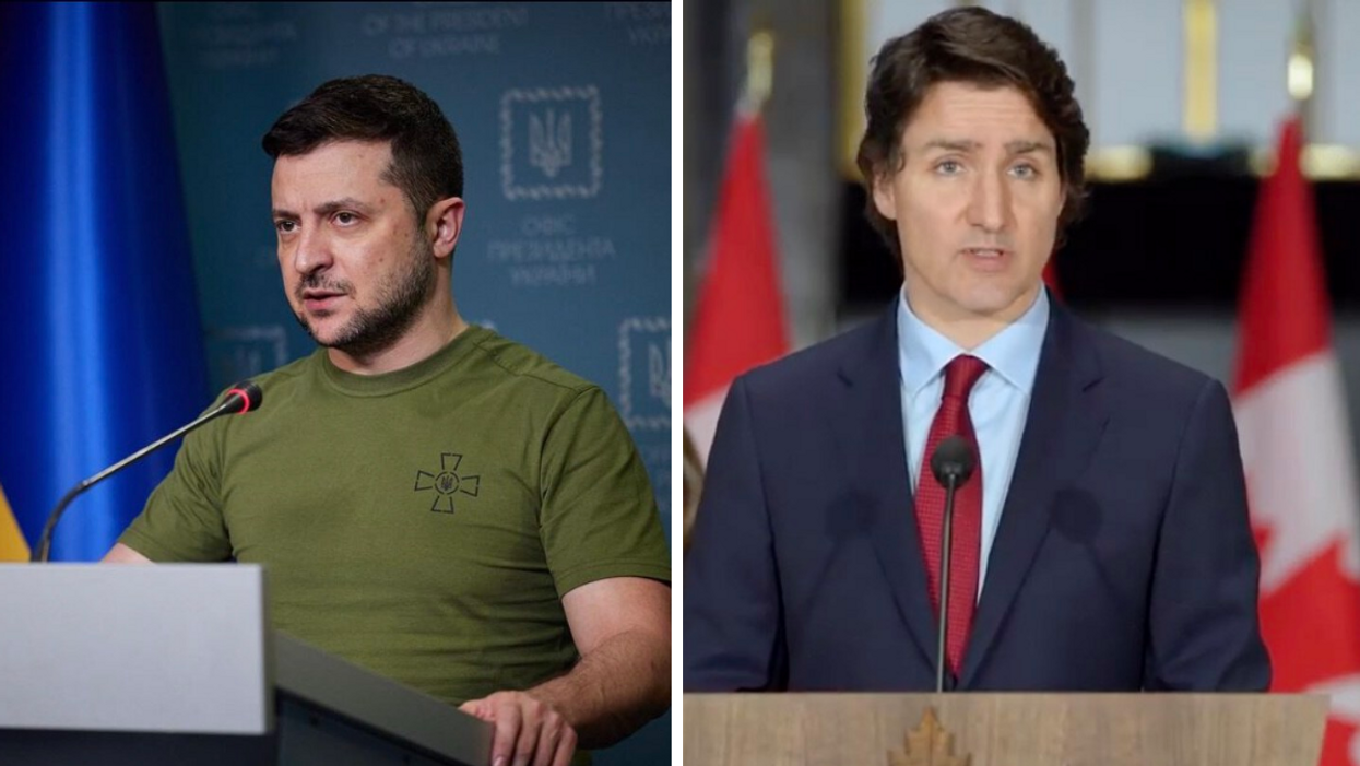 Volodymyr Zelensly. Droite : Justin Trudeau.