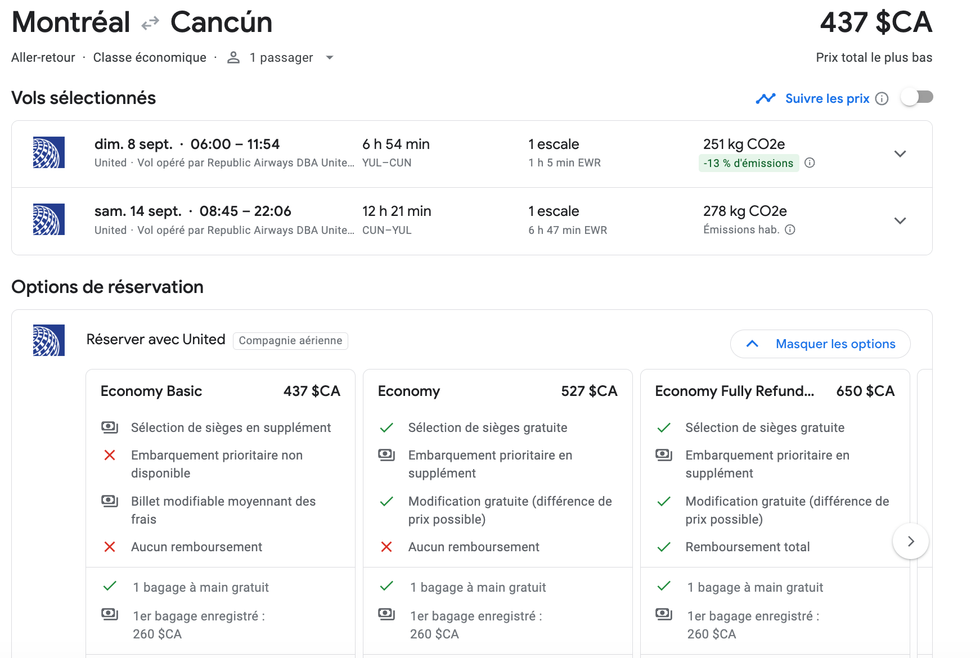 Vols entre Montr\u00e9al et Cancun en septembre.
