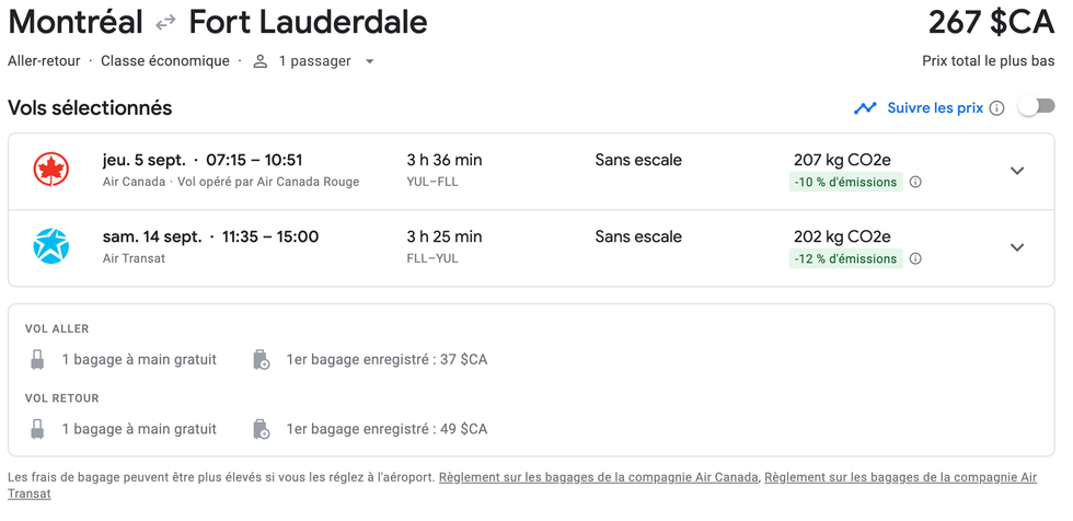 Vols entre Montr\u00e9al et Fort Lauderdale en septembre.