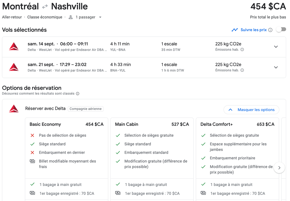 Vols entre Montr\u00e9al et Nashville en septembre.