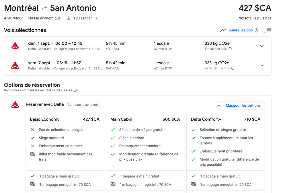 Vols entre Montr\u00e9al et San Antonio en septembre.