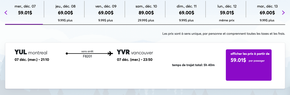 Vols \u00e0 59,01 $ ou \u00e0 69 $ Montr\u00e9al-Vancouver la semaine du 5 au 11 d\u00e9cembre.